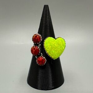 Lime Green Balloon Opal Heart Sterling Silver 925 Ring Handmade Floater Bypass